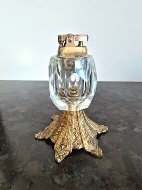 1950s Crystal & Brass Regency Table Lighter, Made In Spain, Working!
